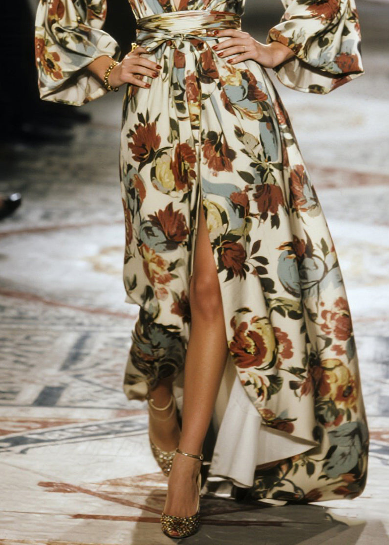 Stylish V Neck Print Side Open Cotton Long Dress Fall