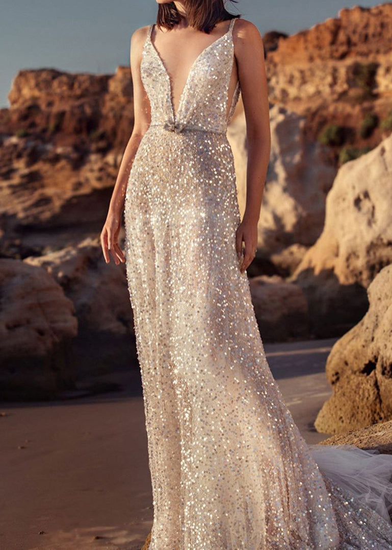 Stylish V Neck Sequins High Waist Tulle Spaghetti Strap Dress Sleeveless