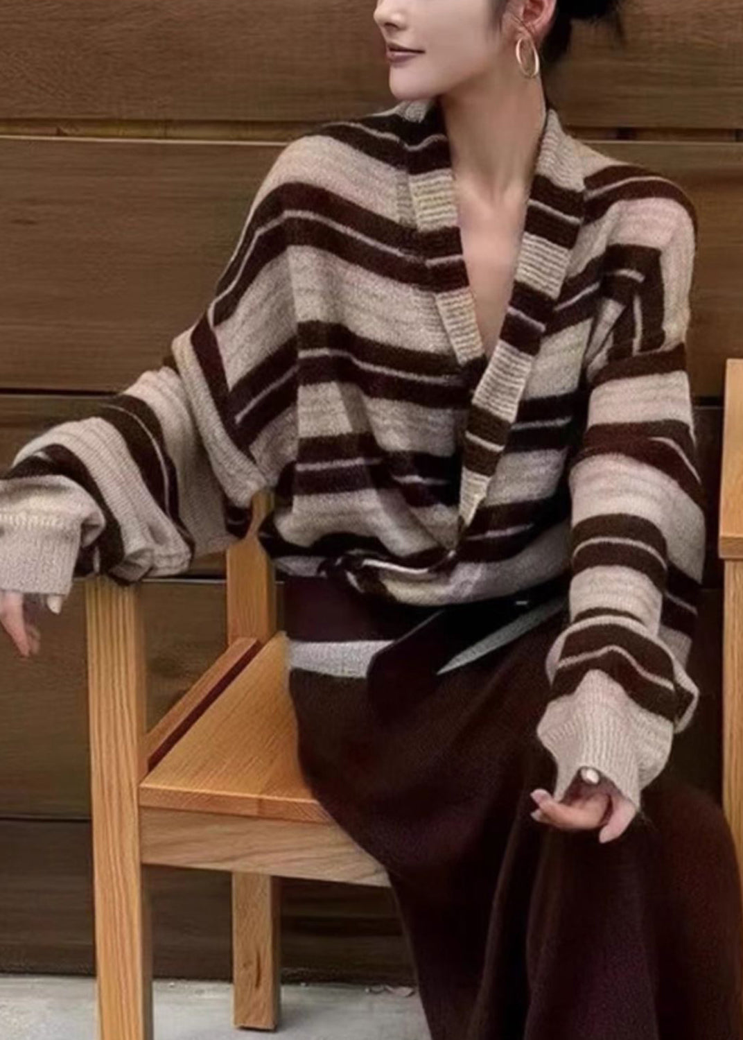 Stylish V Neck Striped Cozy Knit Sweaters Tops Fall