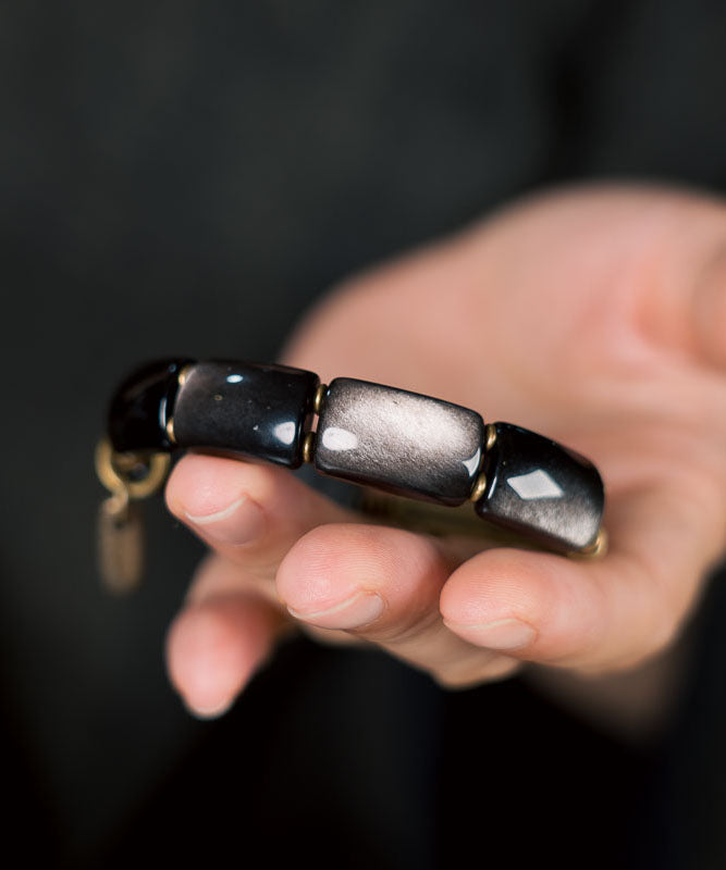 Stylish Versatile Black Silver Obsidian Double-Layer Men's Bracelet