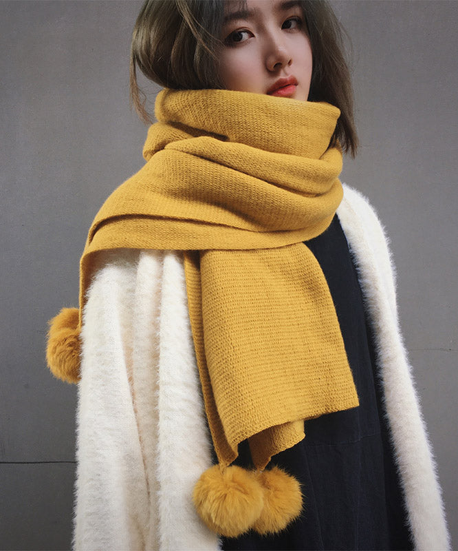 Stylish Versatile Yellow Fuzzy Ball Decorated Faux Cashmere Scarf