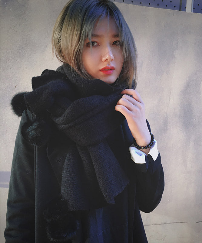 Stylish Versatile Yellow Fuzzy Ball Decorated Faux Cashmere Scarf