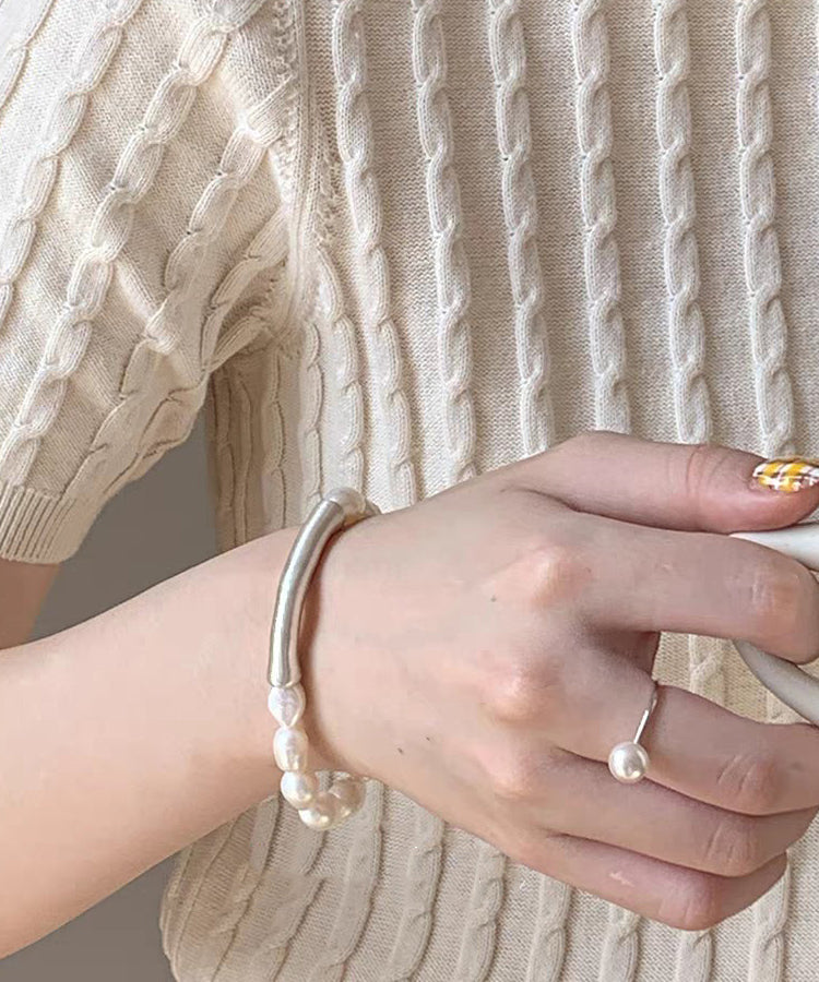 Stylish White 999 Silver Pearl Patchwork Elasticity Bracelet - Omychic