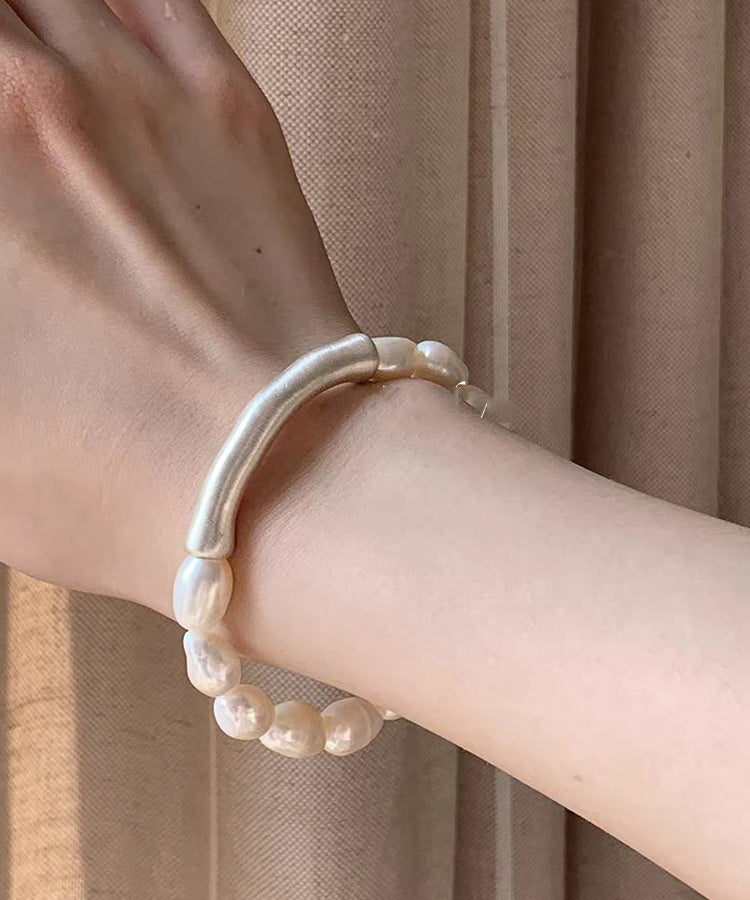 Stylish White 999 Silver Pearl Patchwork Elasticity Bracelet - Omychic