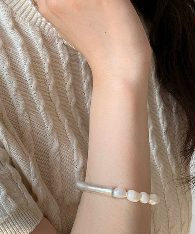 Stylish White 999 Silver Pearl Patchwork Elasticity Bracelet - Omychic