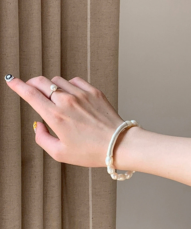 Stylish White 999 Silver Pearl Patchwork Elasticity Bracelet - Omychic