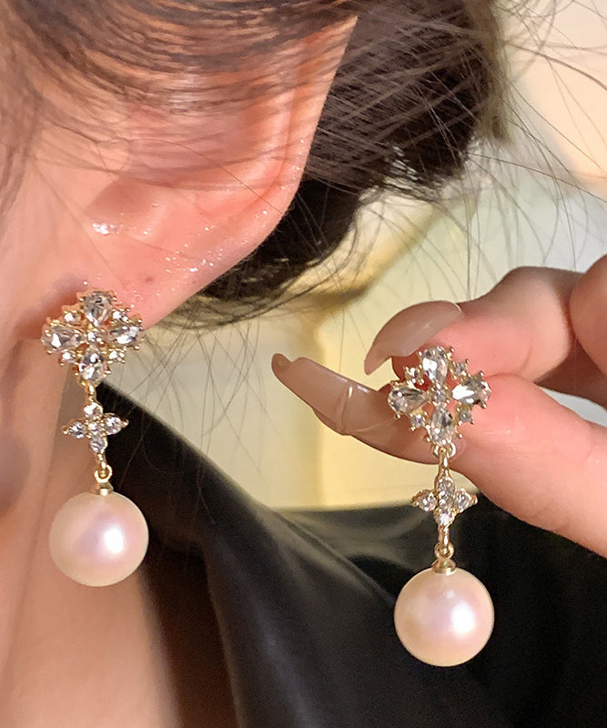 Stylish White Alloy Zircon Resin Pearl Drop Earrings