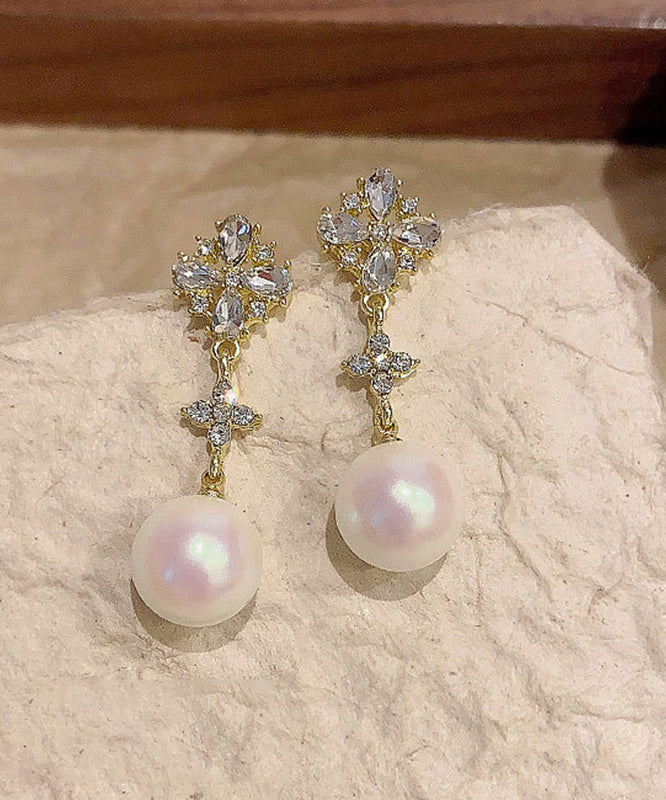 Stylish White Alloy Zircon Resin Pearl Drop Earrings