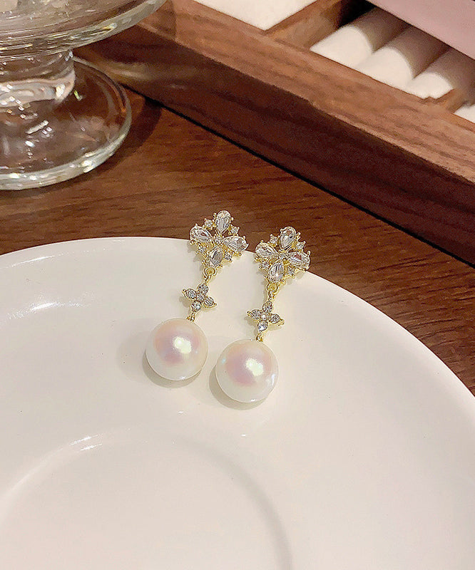 Stylish White Alloy Zircon Resin Pearl Drop Earrings