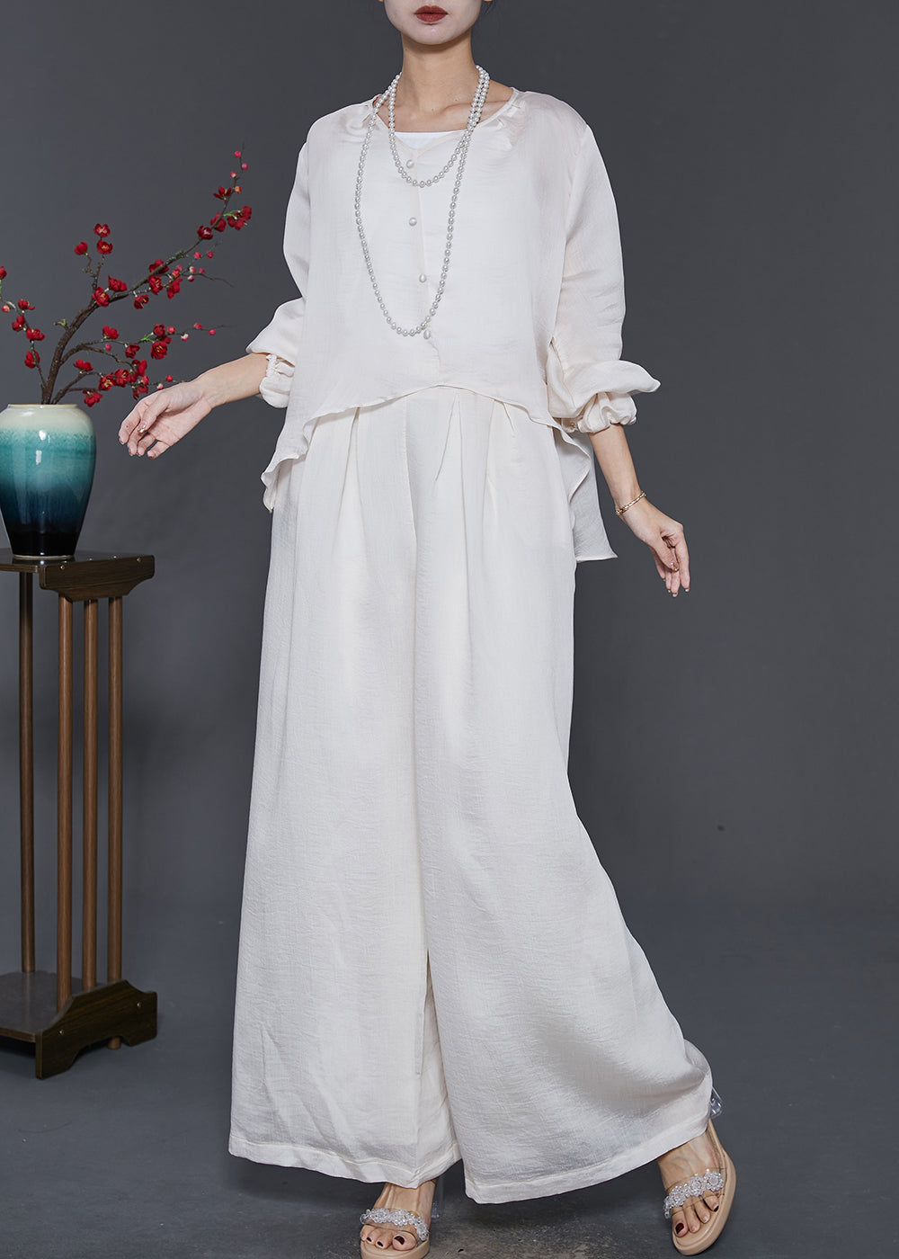 Stylish White Asymmetrical Draping Silk Two Piece Suit Set Spring