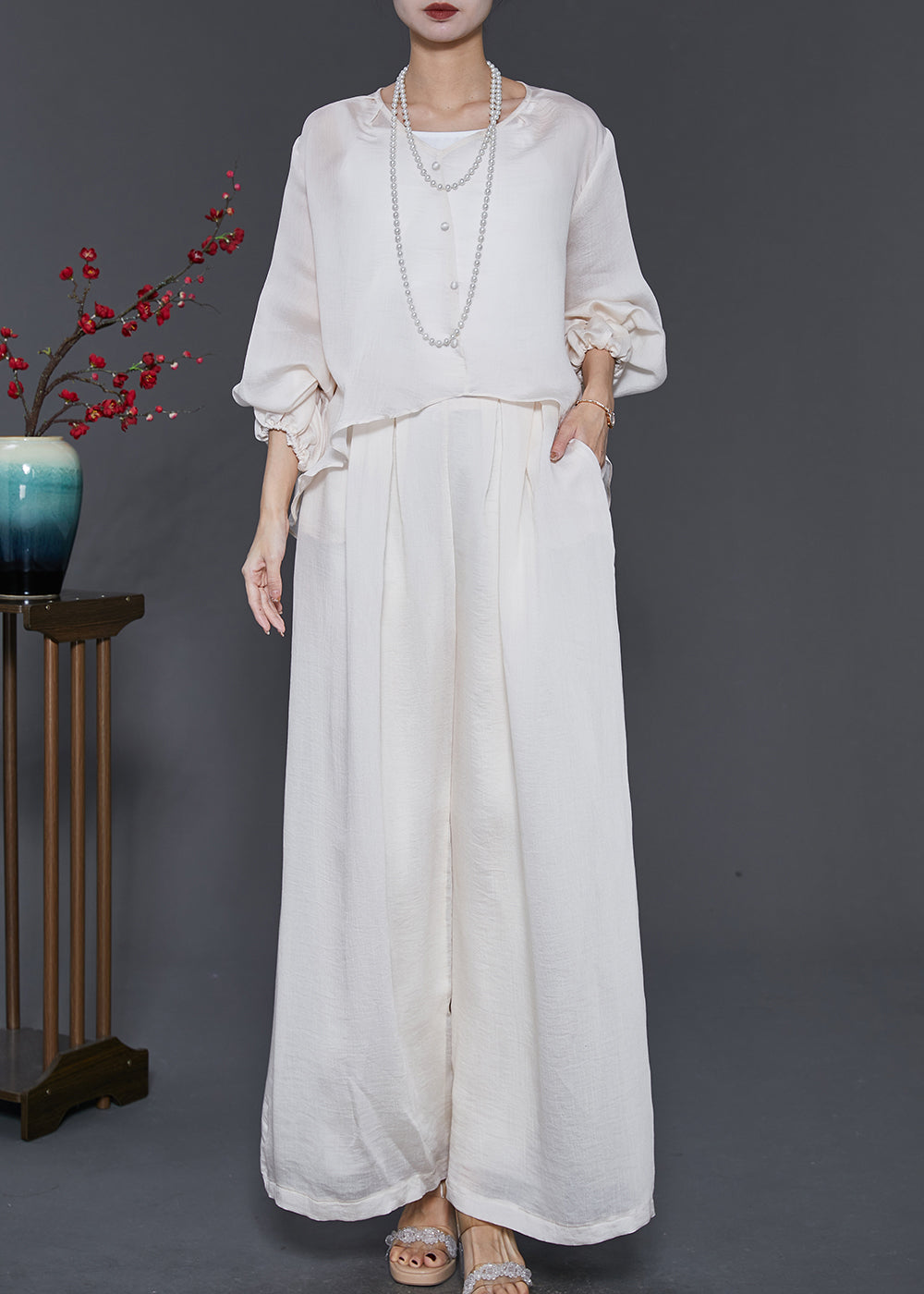 Stylish White Asymmetrical Draping Silk Two Piece Suit Set Spring