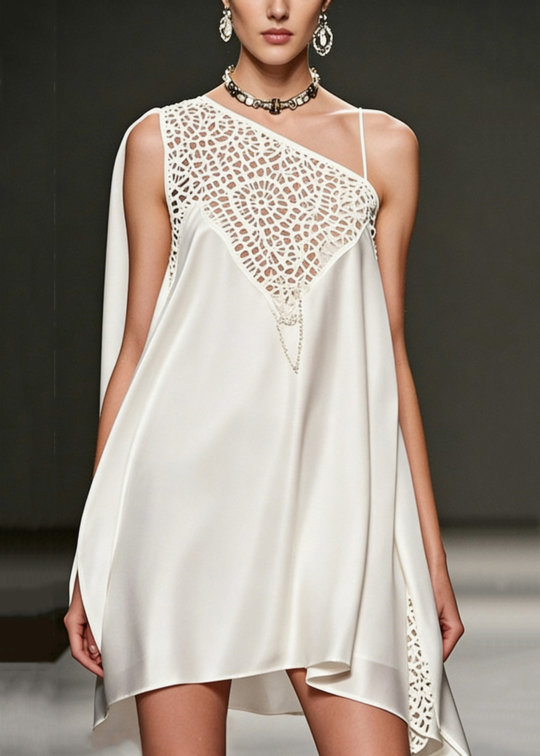 Stylish White Asymmetrical Hollow Out Silk Mini Dress Sleeveless