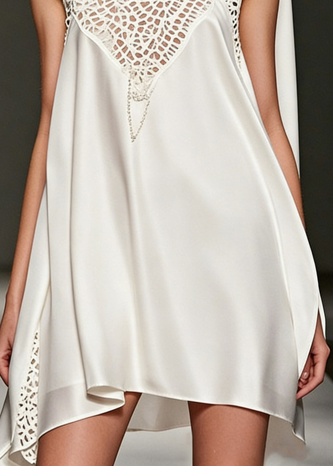Stylish White Asymmetrical Hollow Out Silk Mini Dress Sleeveless