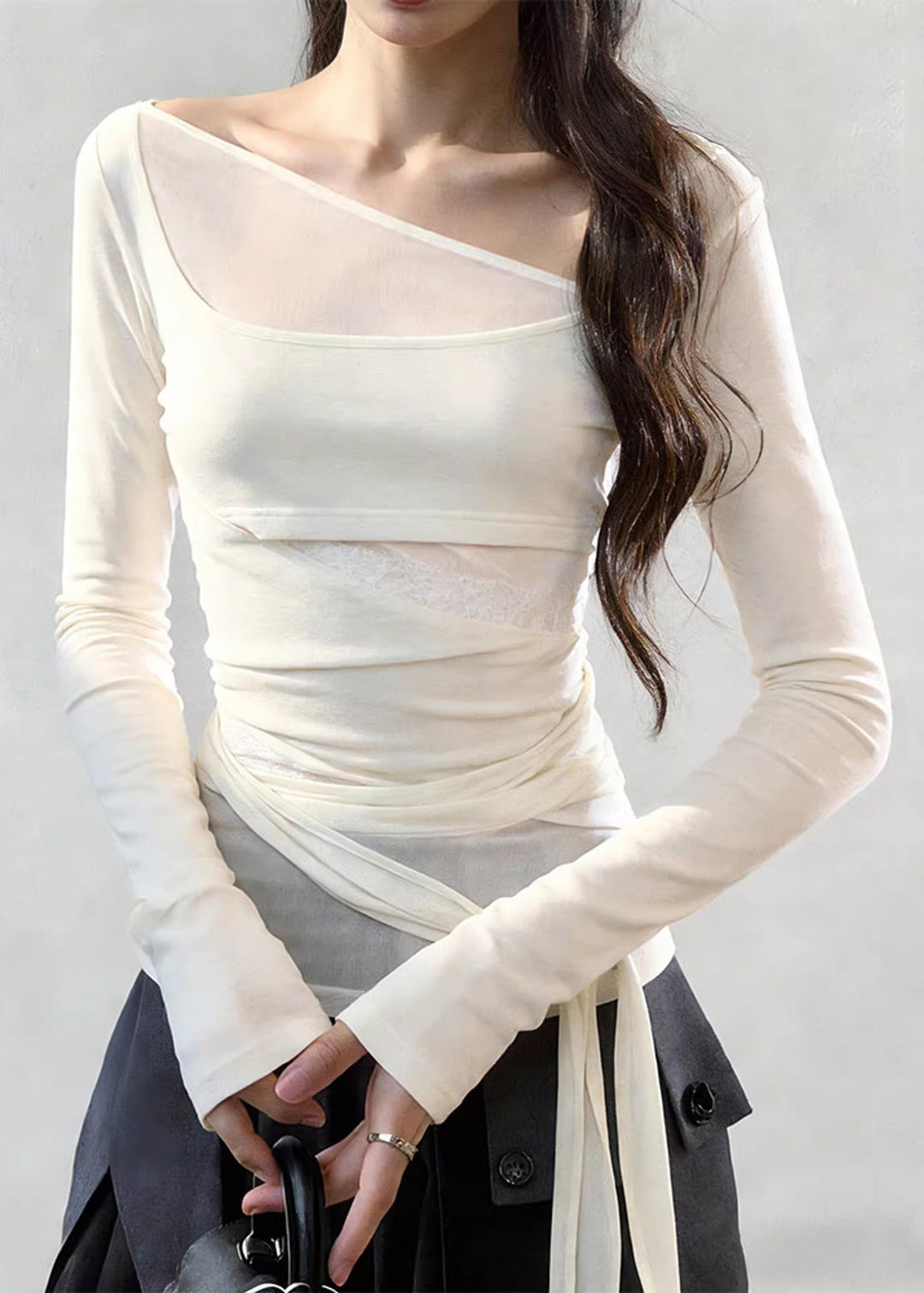 Stylish White Asymmetrical Lace Up Tulle Patchwork T Shirts Spring