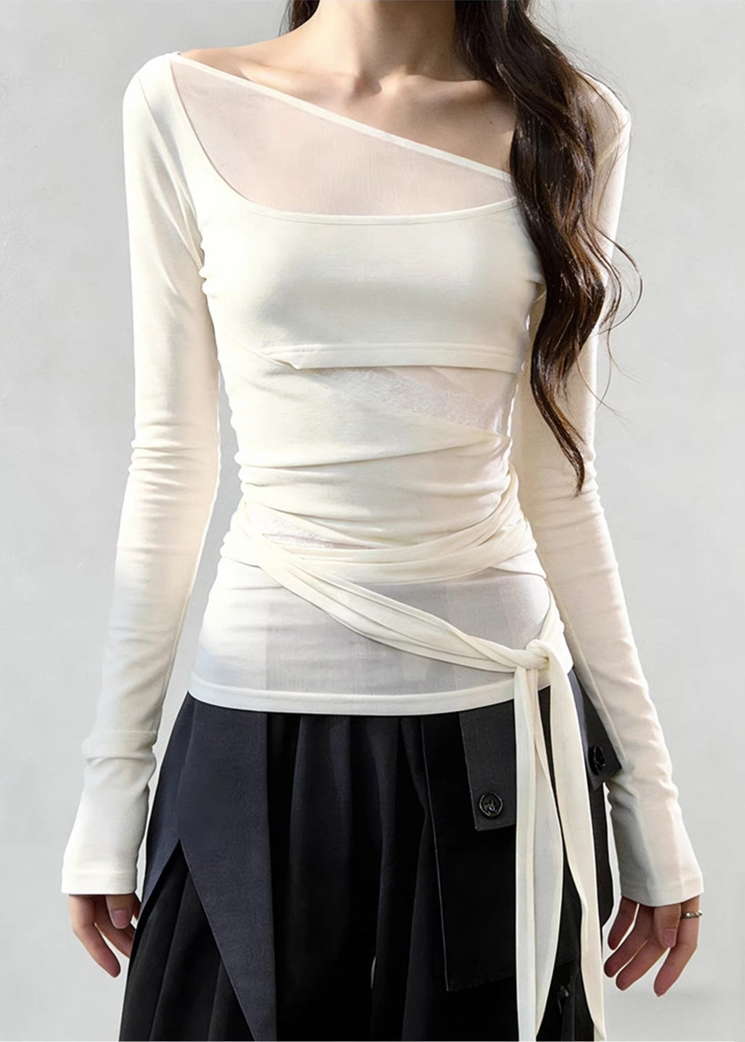 Stylish White Asymmetrical Lace Up Tulle Patchwork T Shirts Spring