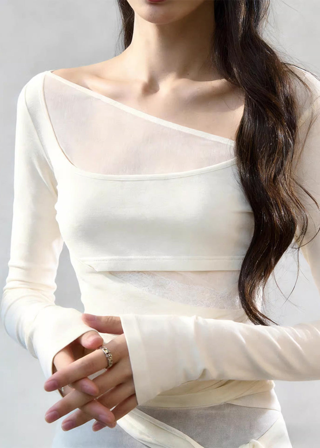 Stylish White Asymmetrical Lace Up Tulle Patchwork T Shirts Spring