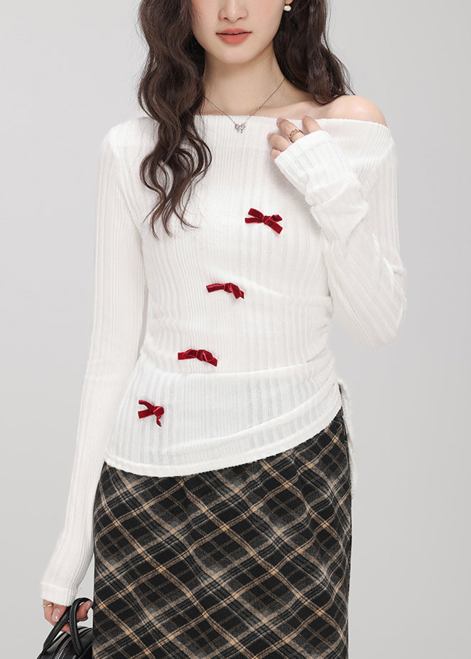 Stylish White Bow Knit Tops Slash Neck Drawstring Fall