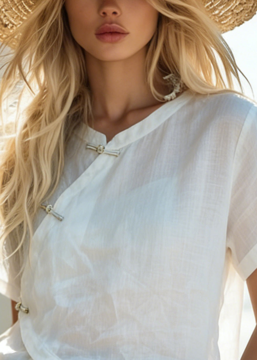 Stylish White Chinese Button Asymmetrical Patchwork Cotton Top Summer