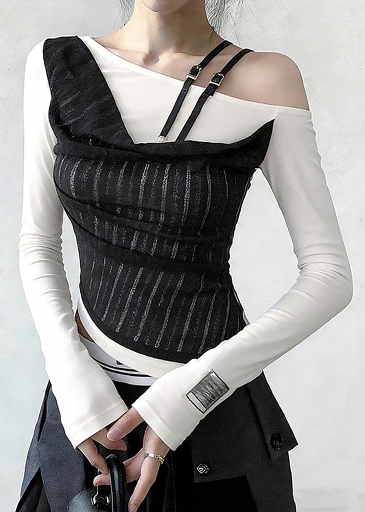 Stylish White Cold Shoulder False Two Pieces Patchwork Cotton T Shirts Spring