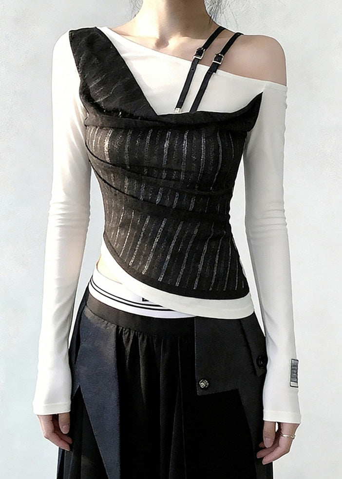 Stylish White Cold Shoulder False Two Pieces Patchwork Cotton T Shirts Spring