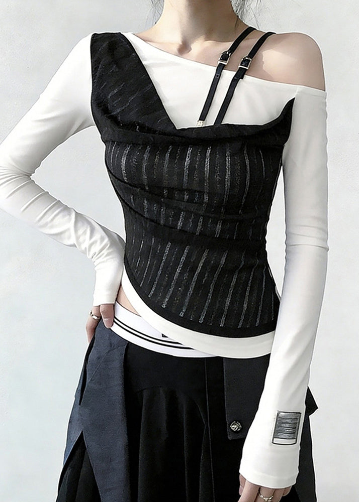 Stylish White Cold Shoulder False Two Pieces Patchwork Cotton T Shirts Spring