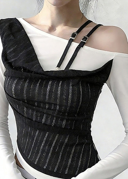 Stylish White Cold Shoulder False Two Pieces Patchwork Cotton T Shirts Spring