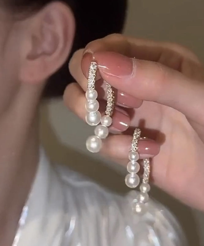 Stylish White Copper Alloy Pearl Zircon Intersection Hoop Earrings