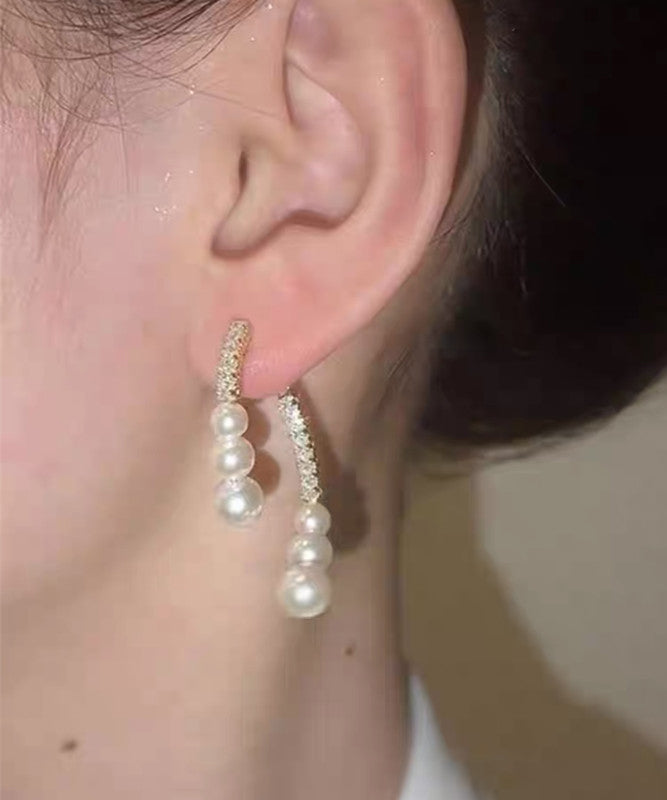 Stylish White Copper Alloy Pearl Zircon Intersection Hoop Earrings