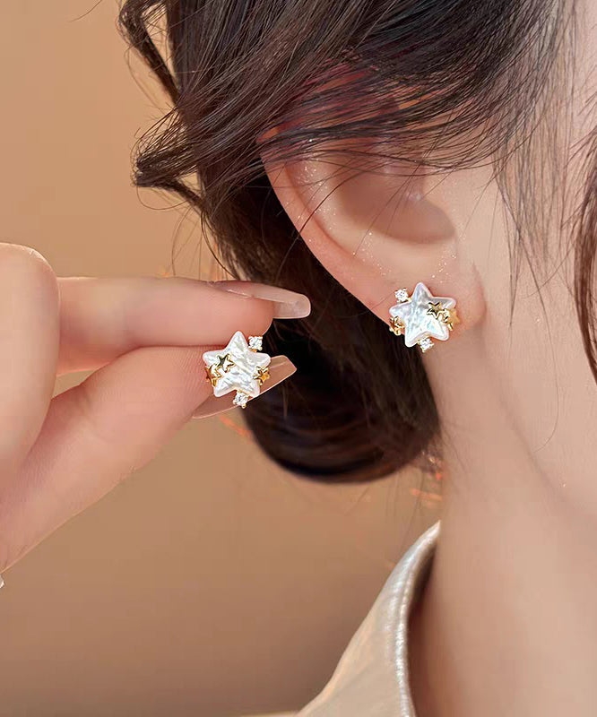 Stylish White Copper Alloy Zircon Star Pearl Stud Earrings - Omychic