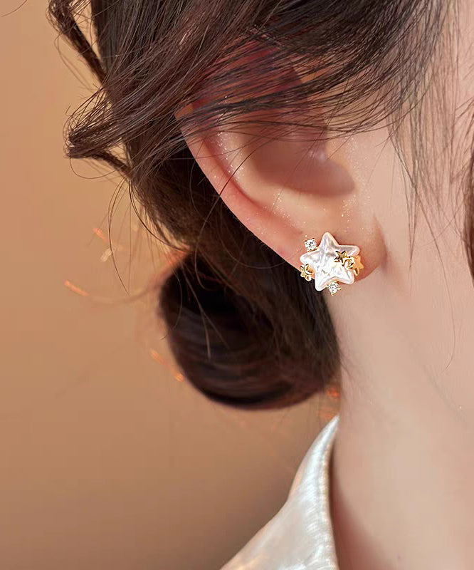 Stylish White Copper Alloy Zircon Star Pearl Stud Earrings - Omychic