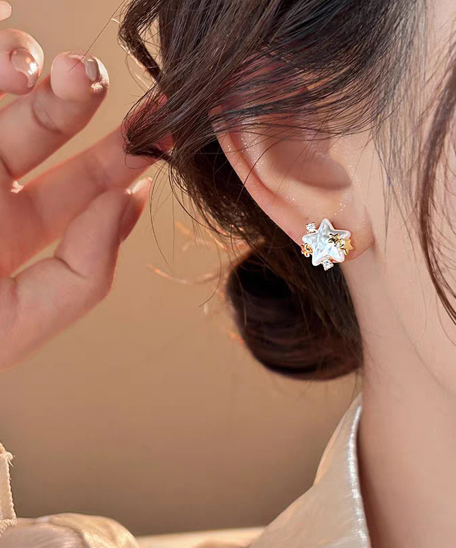 Stylish White Copper Alloy Zircon Star Pearl Stud Earrings - Omychic