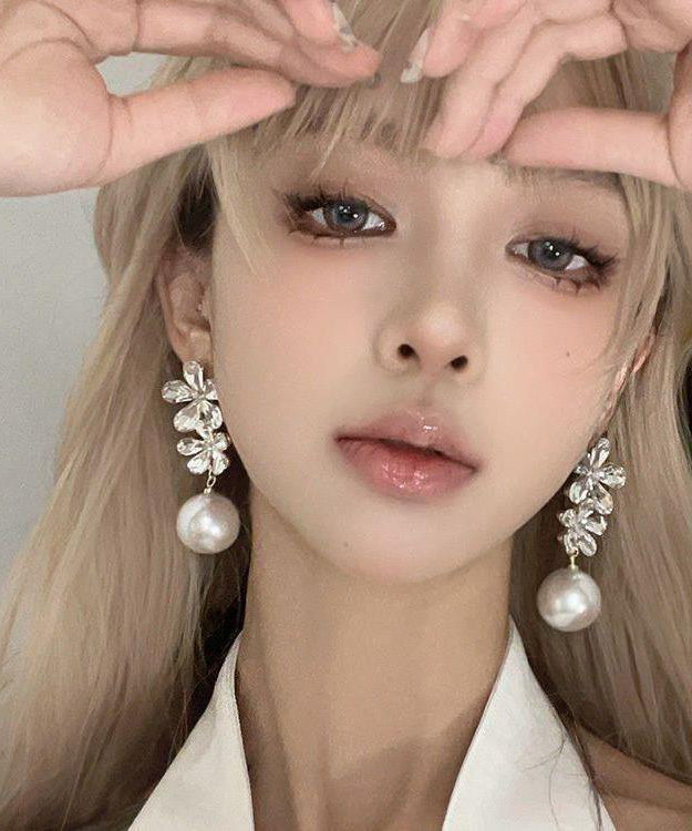 Stylish White Copper Overgild Zircon Pearl Floral Drop Earrings