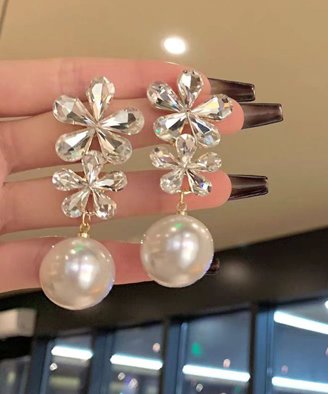 Stylish White Copper Overgild Zircon Pearl Floral Drop Earrings