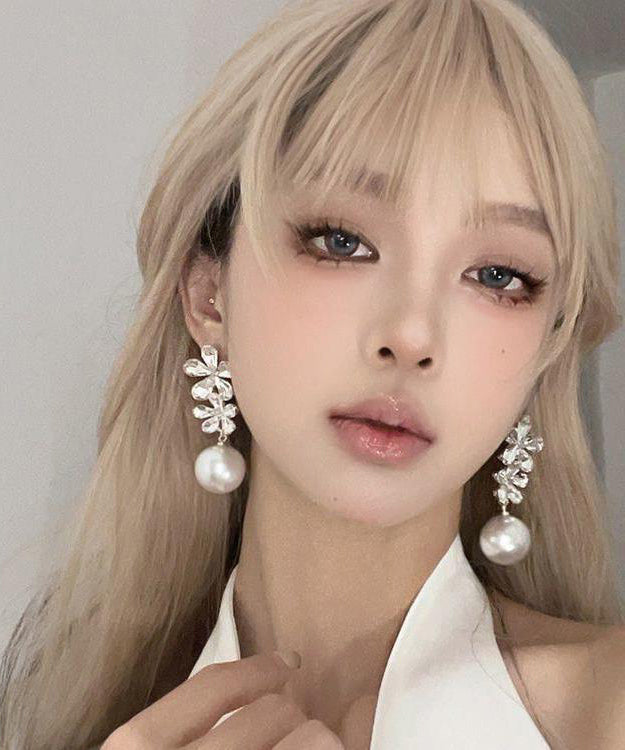 Stylish White Copper Overgild Zircon Pearl Floral Drop Earrings