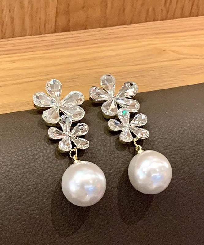 Stylish White Copper Overgild Zircon Pearl Floral Drop Earrings