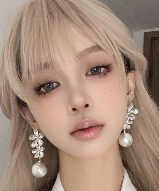 Stylish White Copper Overgild Zircon Pearl Floral Drop Earrings