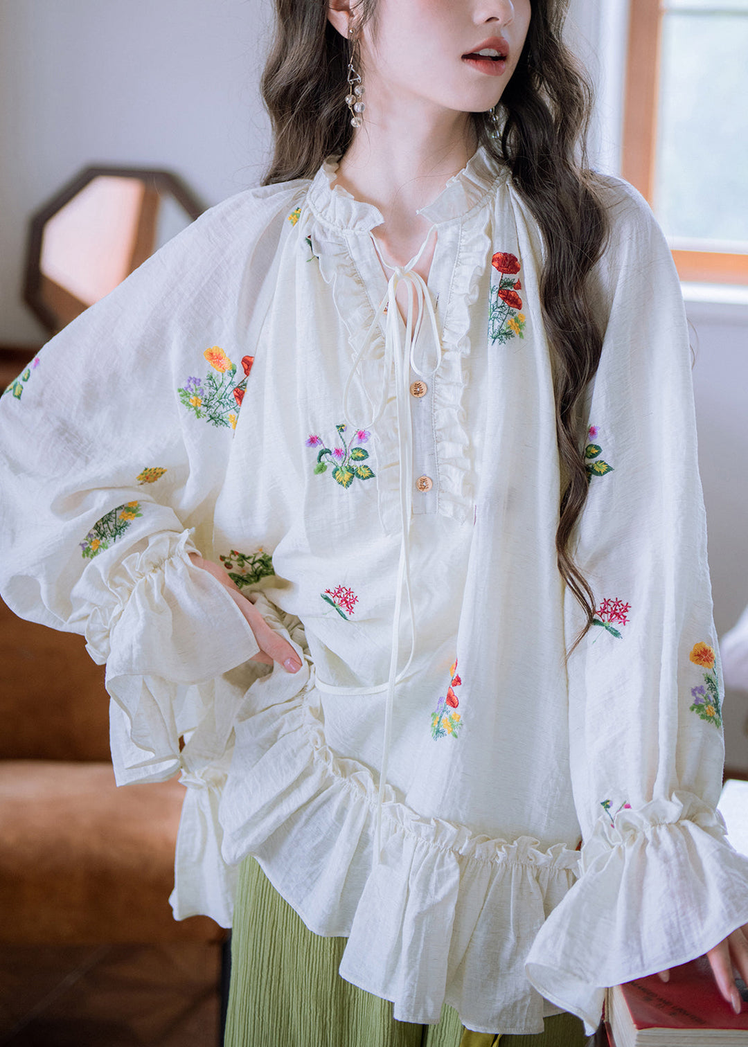 Stylish White Embroidered Ruffled Lace Up Cotton Shirt Flare Sleeve