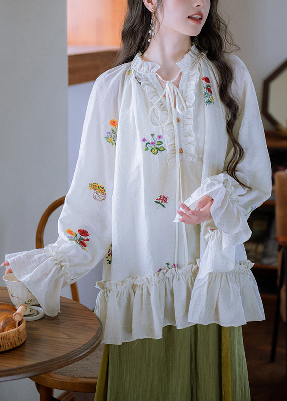 Stylish White Embroidered Ruffled Lace Up Cotton Shirt Flare Sleeve
