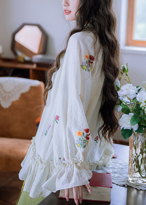 Stylish White Embroidered Ruffled Lace Up Cotton Shirt Flare Sleeve
