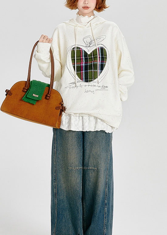 Stylish White Embroidered Warm Fleece Sweatshirt Streetwear Spring