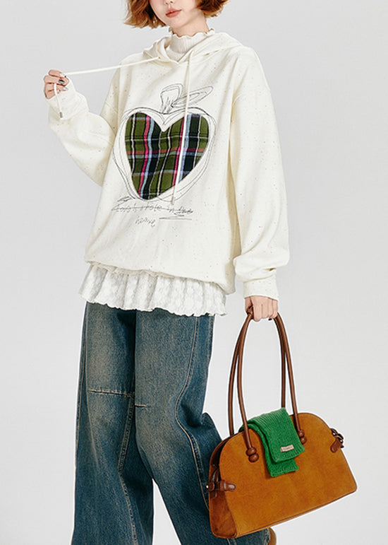 Stylish White Embroidered Warm Fleece Sweatshirt Streetwear Spring