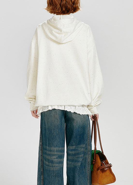 Stylish White Embroidered Warm Fleece Sweatshirt Streetwear Spring