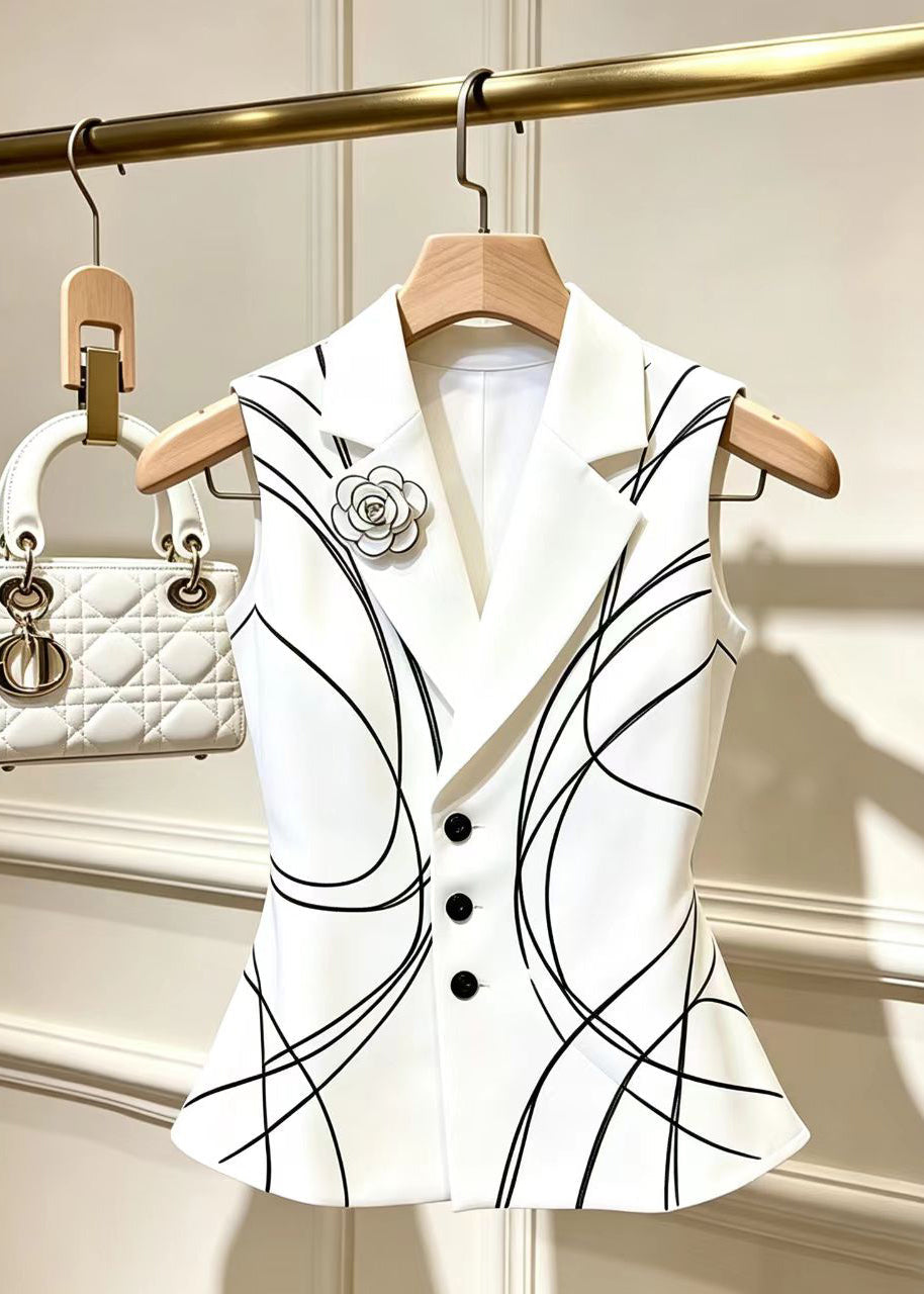 Stylish White Floral Print Notched Waistcoat Tops Sleeveless