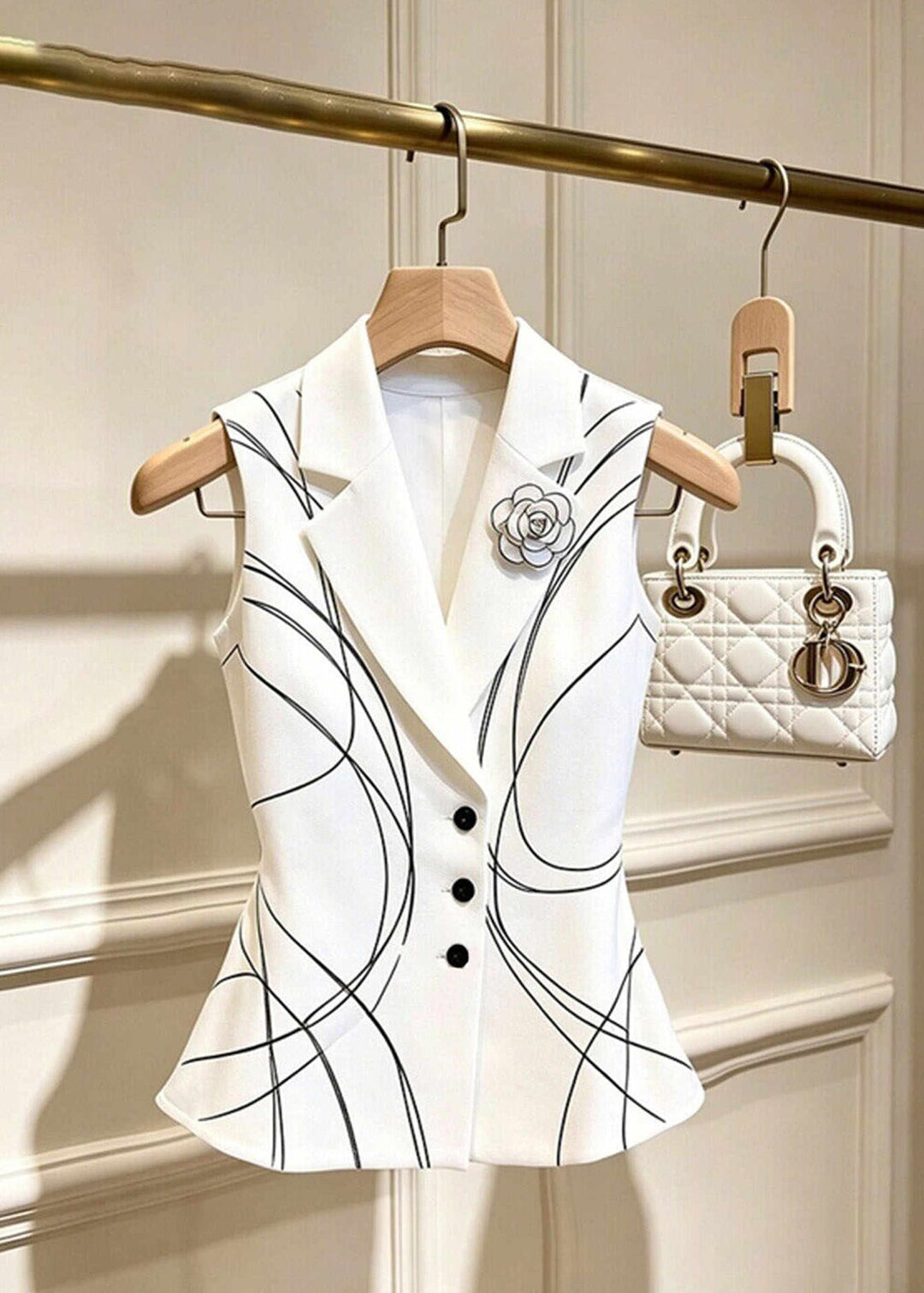 Stylish White Floral Print Notched Waistcoat Tops Sleeveless