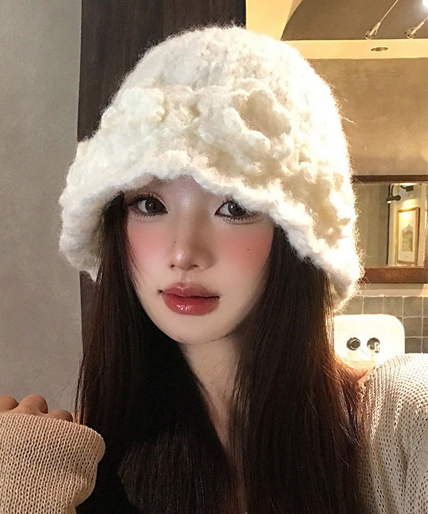 Stylish White Flower Warm Knitted Bucket Hat