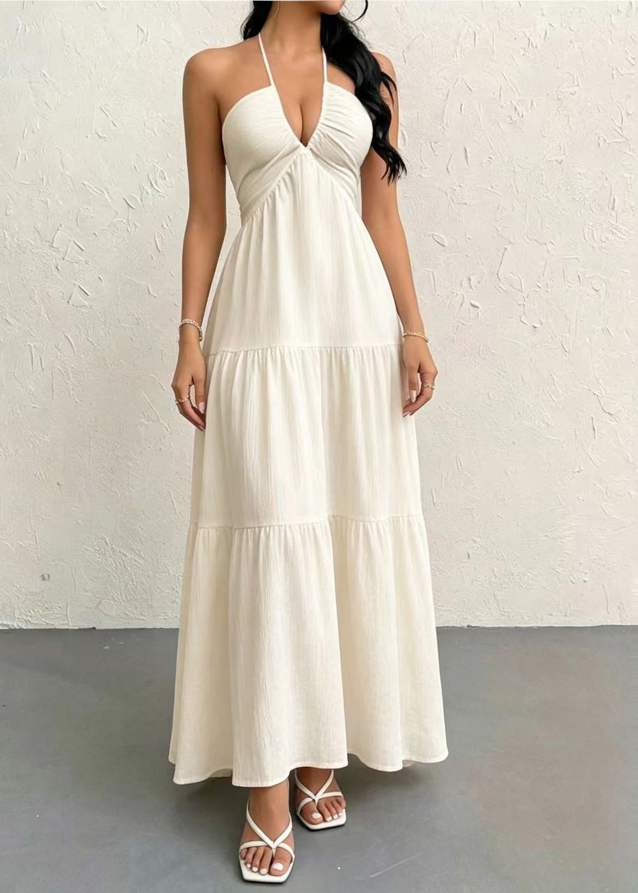 Stylish White Halter Backless Exra Large Hem Cotton Holiday Dress Summer