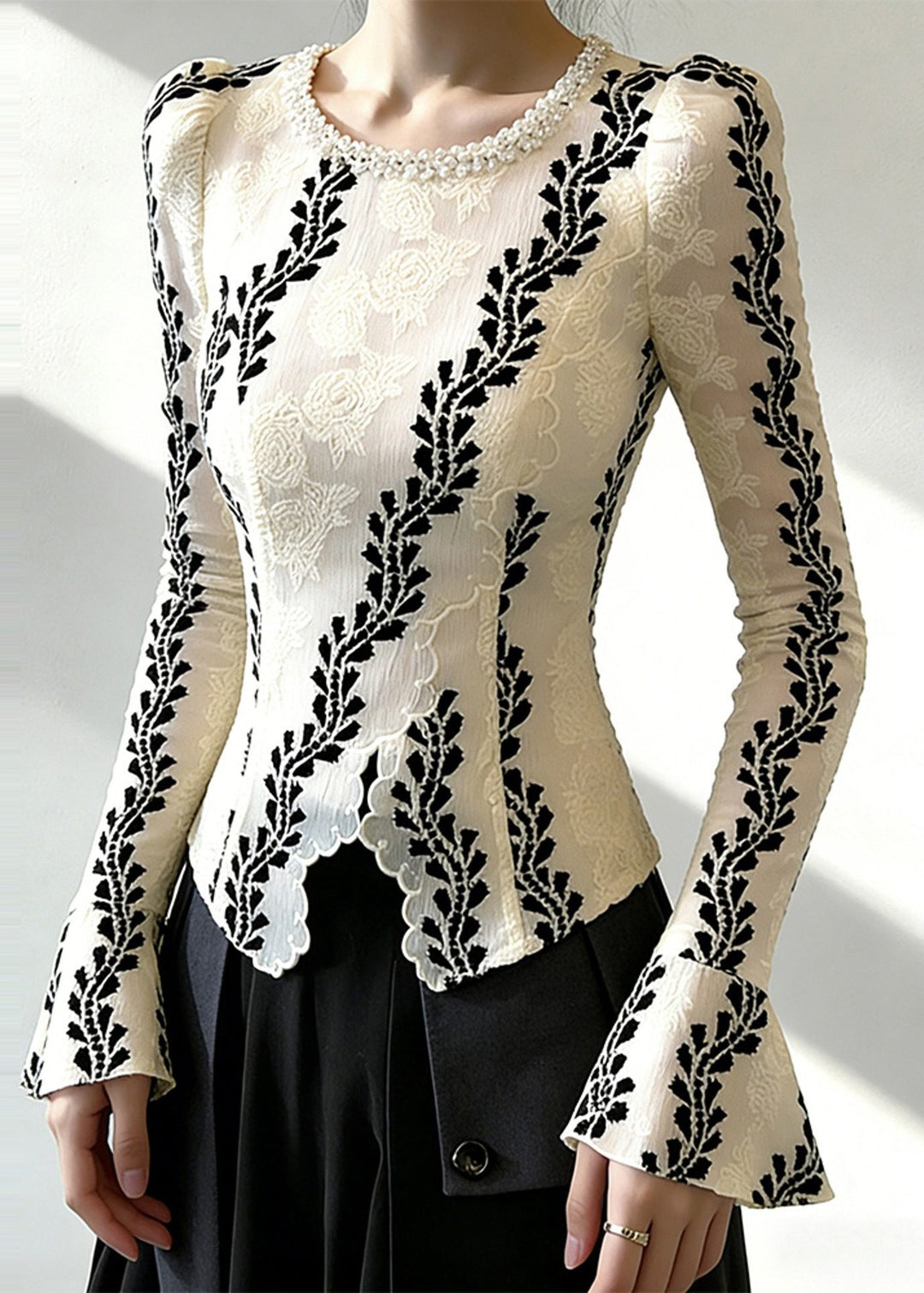 Stylish White Jacquard Chiffon Shirt Top Flare Sleeve