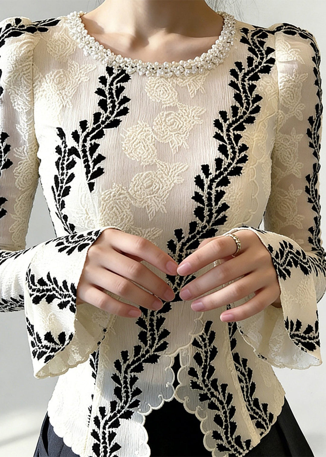 Stylish White Jacquard Chiffon Shirt Top Flare Sleeve