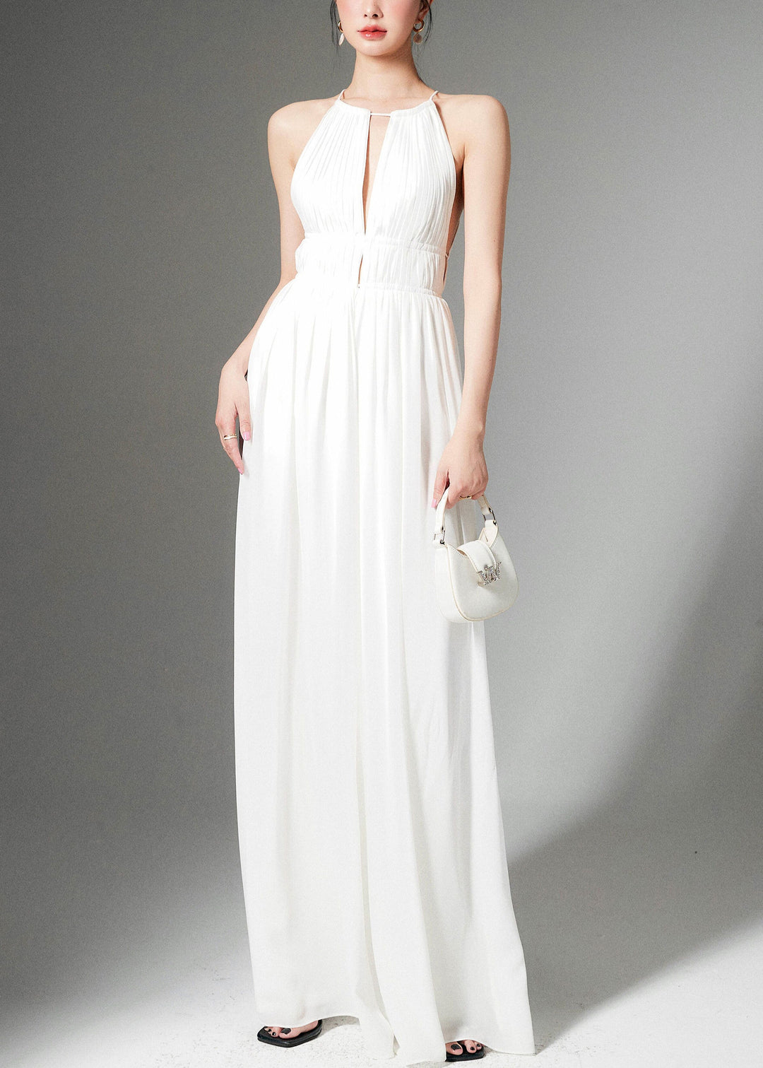 Stylish White Lace Up High Waist Silk Jumpsuit Sleeveless