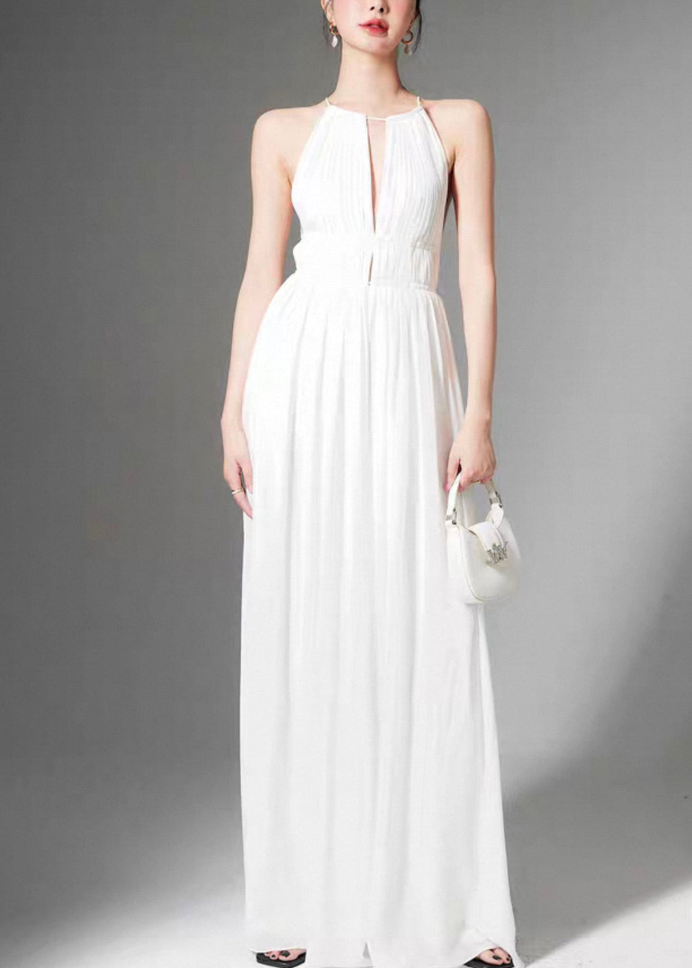 Stylish White Lace Up High Waist Silk Jumpsuit Sleeveless